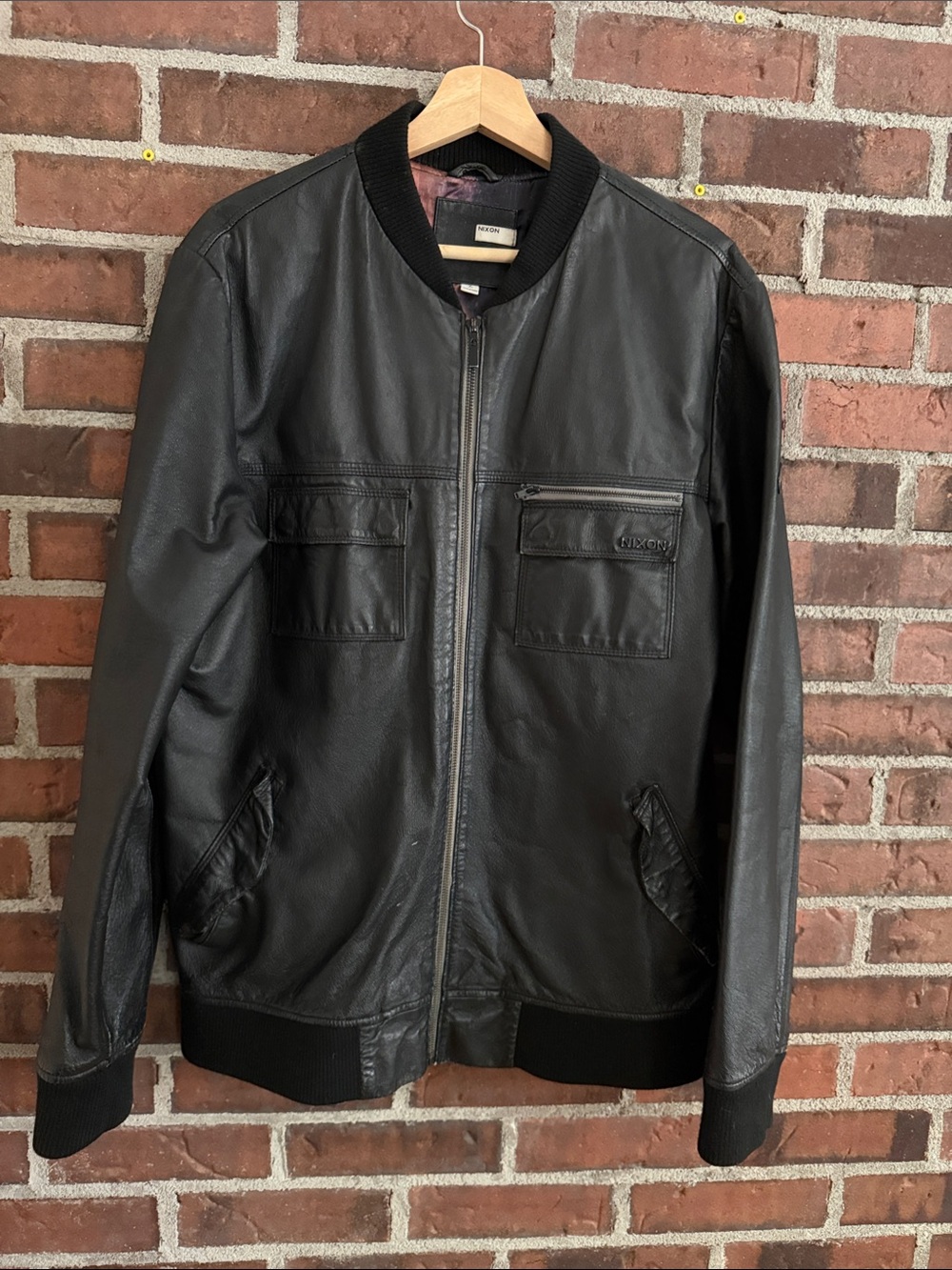 Nixon Black Leather Bomber with Ribbed Trim